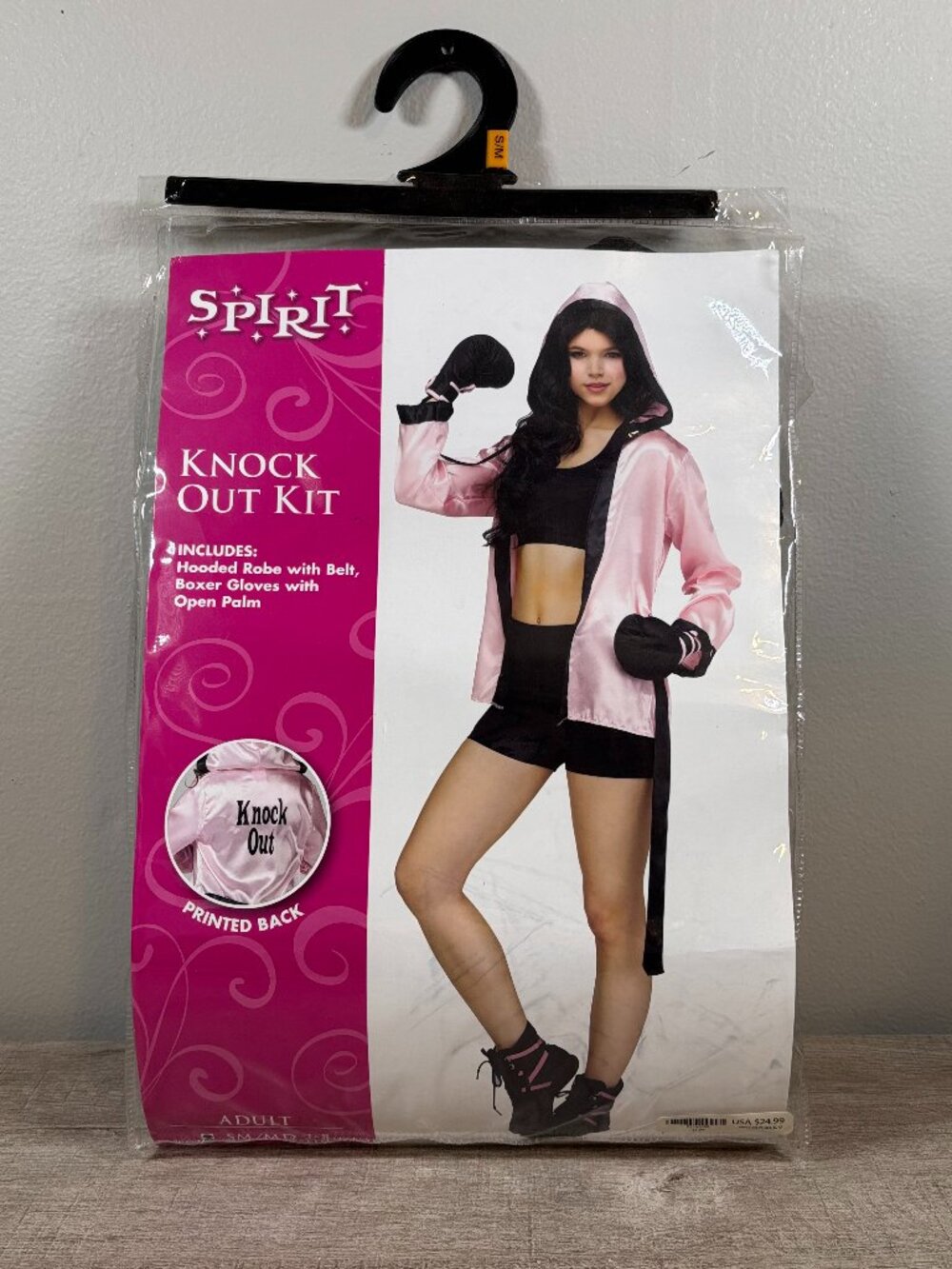 Spirit Knock Out Boxer Halloween Costume Pink Black Satin Hooded Robe Gloves